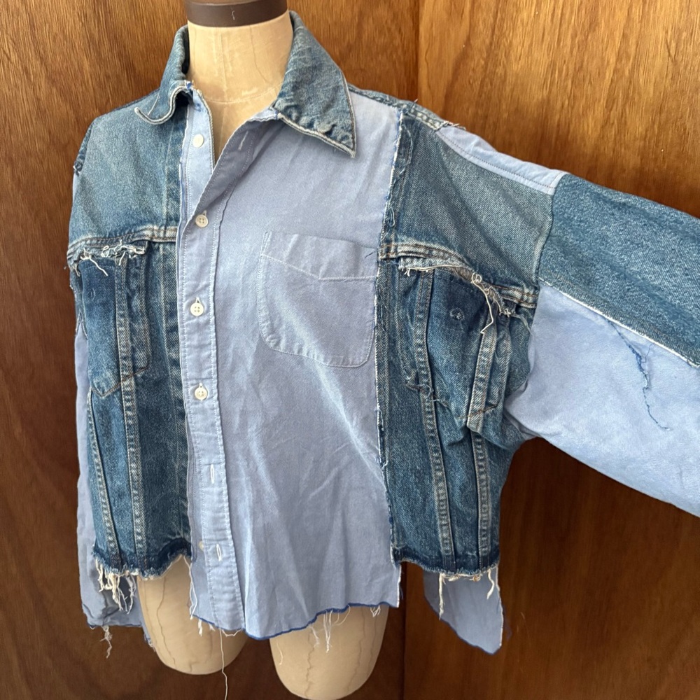 SOLD Levis sz L Remake DIY Denim Blue Button Down Shirt Long Sleeve Reconstructe - Picture 10 of 16